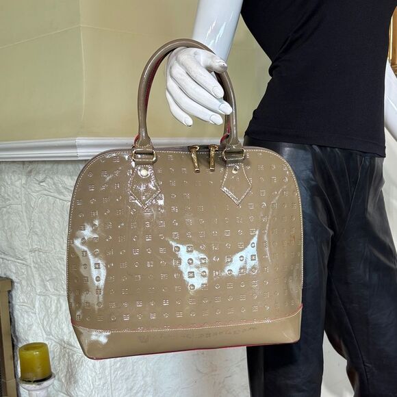 Arcadia Classic Large Alma Style Satchel Patent Leather Monogram Red Accents Bag - Picture 2 of 16